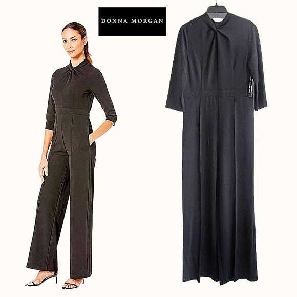 DONNA MORGAN NEW Twisted/Keyhole/Pleated 3/4-Sleeve Crepe Jumpsuit 10 - Picture 1 of 12